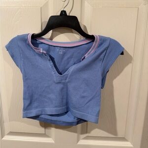 Urban Outfitters Blue Ribbed Crop Tee with Pink Neckline
